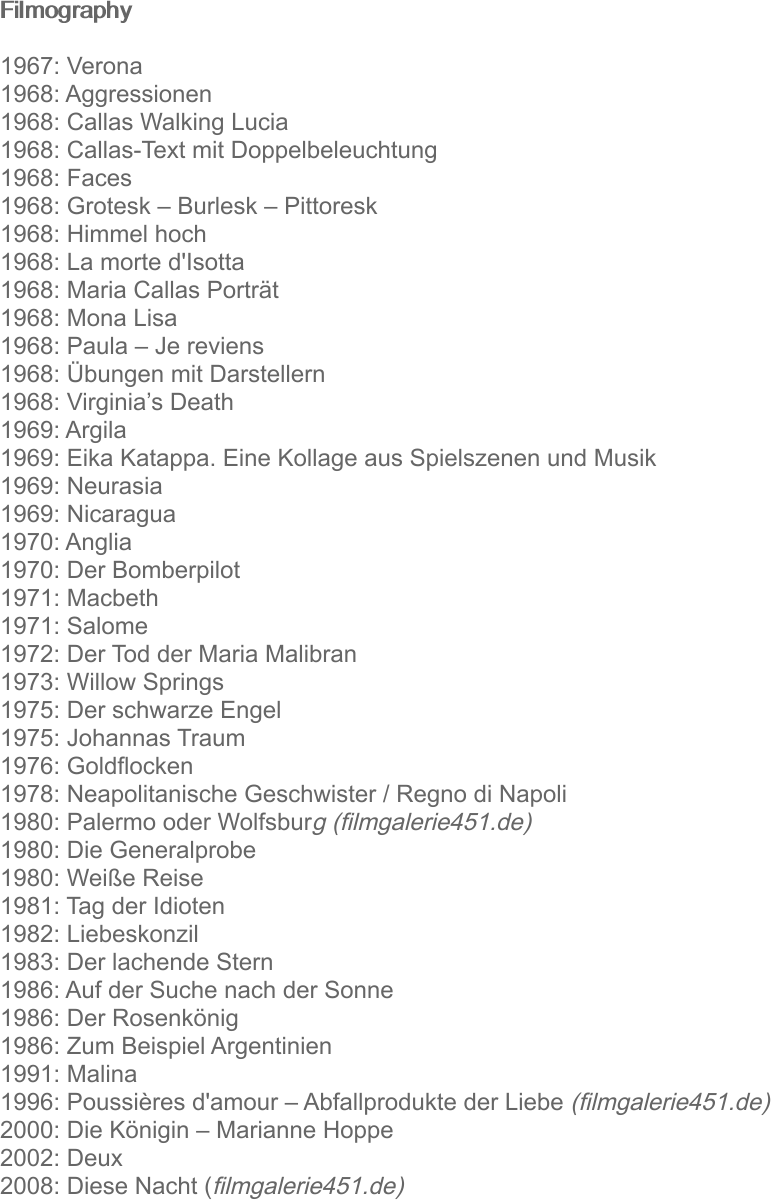 Filmography  1967: Verona 1968: Aggressionen 1968: Callas Walking